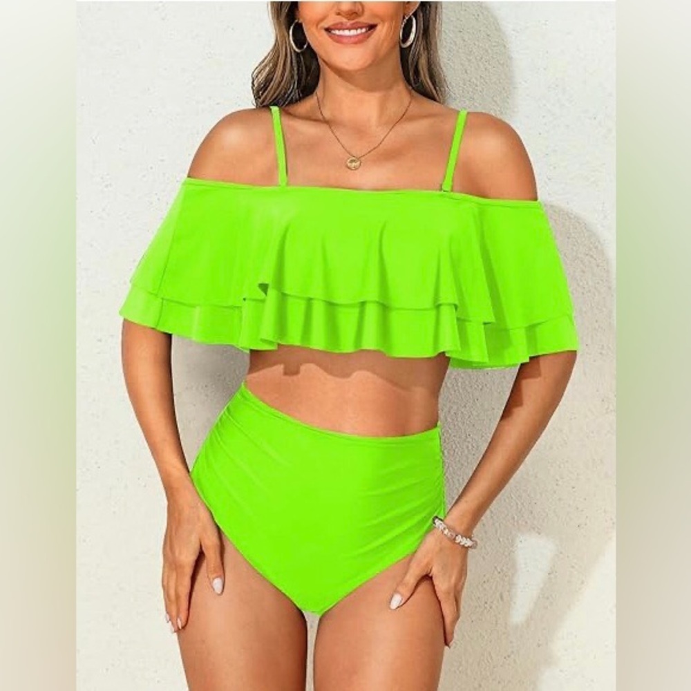 2 Piece Bikini High Waisted Off the Shoulder Green Plus Size XXL (18)
